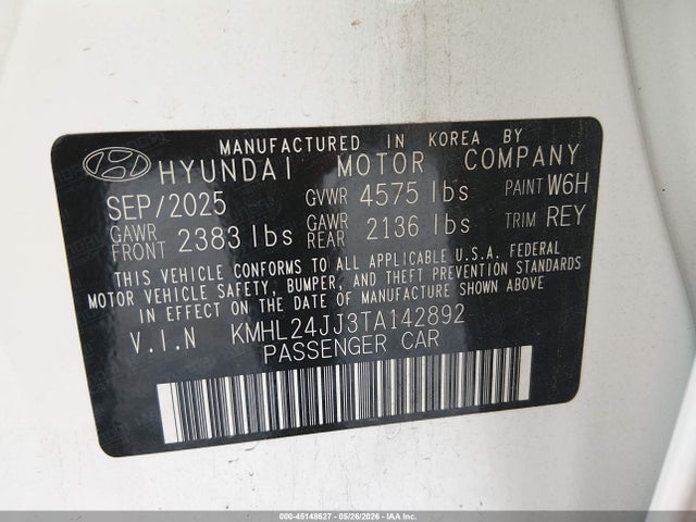 Auction sale of the 2026 Hyundai Sonata Hybrid Blue, vin: KMHL24JJ3TA142892, lot number: 45148627
