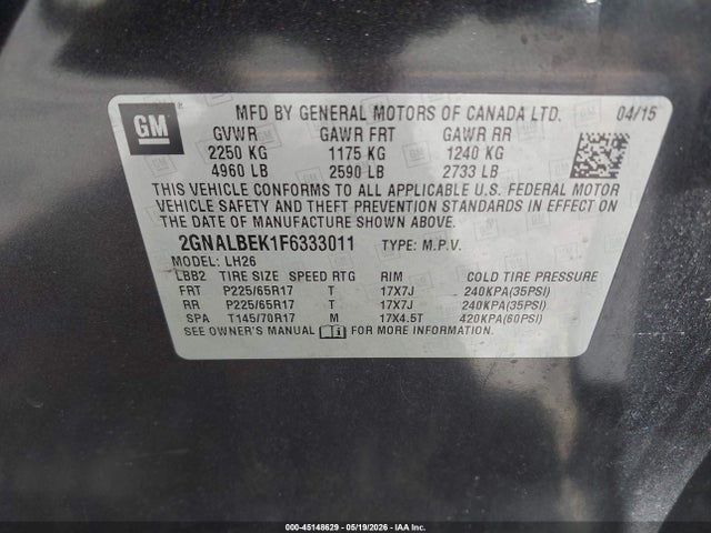 2015 Chevrolet Equinox 1lt მანქანა იყიდება აუქციონზე, vin: 2GNALBEK1F6333011, აუქციონის ნომერი: 45148629