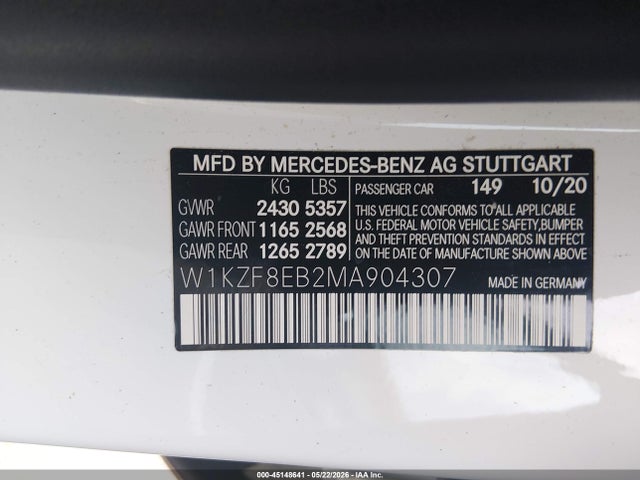 Aukcja sprzedaży 2021 Mercedes-benz E 350 4matic, vin: W1KZF8EB2MA904307, numer aukcji: 45148641