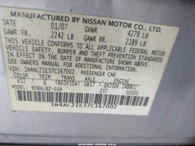 2007 Nissan Altima 2.5 S მანქანა იყიდება აუქციონზე, vin: 1N4AL21E37C167002, აუქციონის ნომერი: 45148645