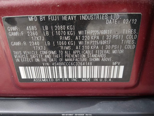 Продажа на аукционе авто 2012 Subaru Outback 2.5i Premium, vin: 4S4BRCCC6C3264148, номер лота: 45148647