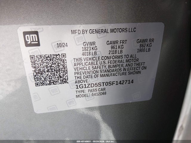 Aukcja sprzedaży 2025 Chevrolet Malibu Fwd 1lt, vin: 1G1ZD5ST0SF142714, numer aukcji: 45148651