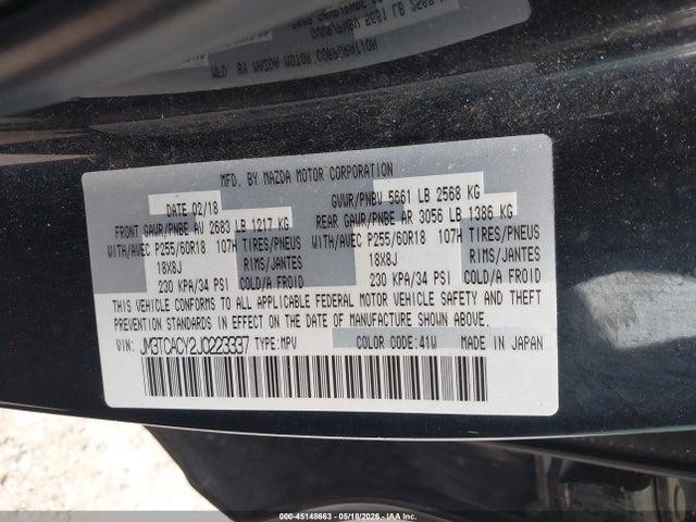 2018 Mazda Cx-9 Touring მანქანა იყიდება აუქციონზე, vin: JM3TCACY2J0223337, აუქციონის ნომერი: 45148663