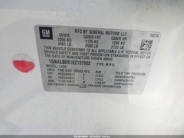 45148668 :رقم المزاد ، 1GNALBEK1EZ137802 vin ، 2014 Chevrolet Equinox 1lt مزاد بيع