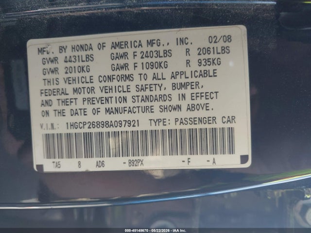 2008 Honda Accord 2.4 Ex-l მანქანა იყიდება აუქციონზე, vin: 1HGCP26898A097921, აუქციონის ნომერი: 45148670