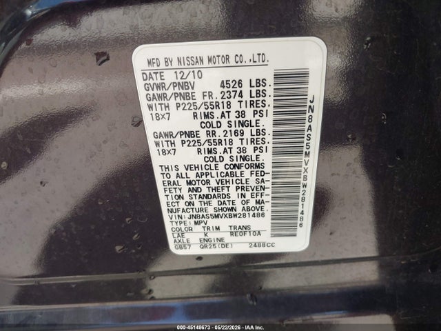 45148673 :رقم المزاد ، JN8AS5MVXBW281486 vin ، 2011 Nissan Rogue Sv مزاد بيع