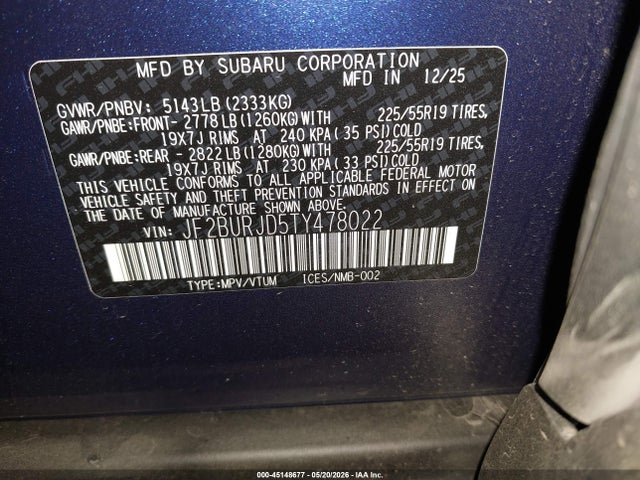 Продажа на аукционе авто 2026 Subaru Outback Touring Xt, vin: JF2BURJD5TY478022, номер лота: 45148677