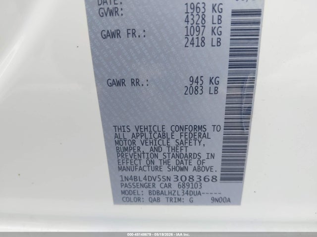 Продаж на аукціоні авто 2025 Nissan Altima Sv Fwd, vin: 1N4BL4DV5SN308368, номер лоту: 45148679