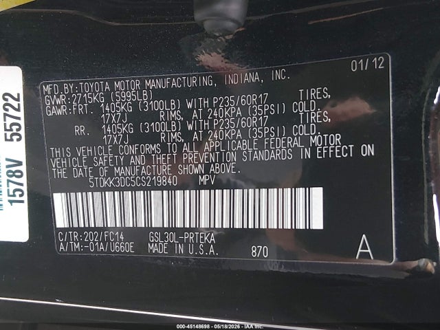 Продаж на аукціоні авто 2012 Toyota Sienna Le V6 8 Passenger, vin: 5TDKK3DC5CS219840, номер лоту: 45148698