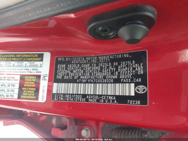 45148715 :رقم المزاد ، 4T1BF1FK7CU539326 vin ، 2012 Toyota Camry Le مزاد بيع