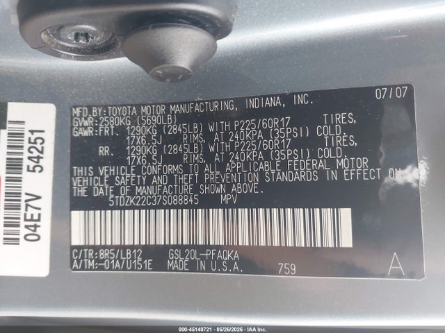 Aukcja sprzedaży 2007 Toyota Sienna Xle, vin: 5TDZK22C37S088845, numer aukcji: 45148721