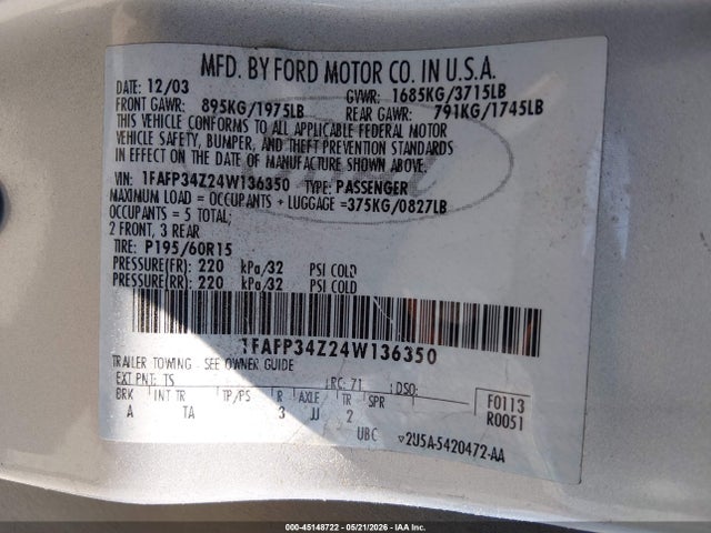 Aukcja sprzedaży 2004 Ford Focus Se, vin: 1FAFP34Z24W136350, numer aukcji: 45148722