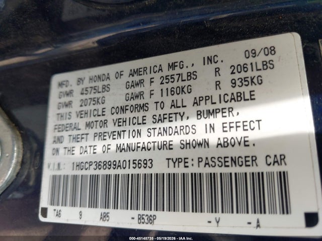Aukcja sprzedaży 2009 Honda Accord 3.5 Ex-l, vin: 1HGCP36899A015693, numer aukcji: 45148735