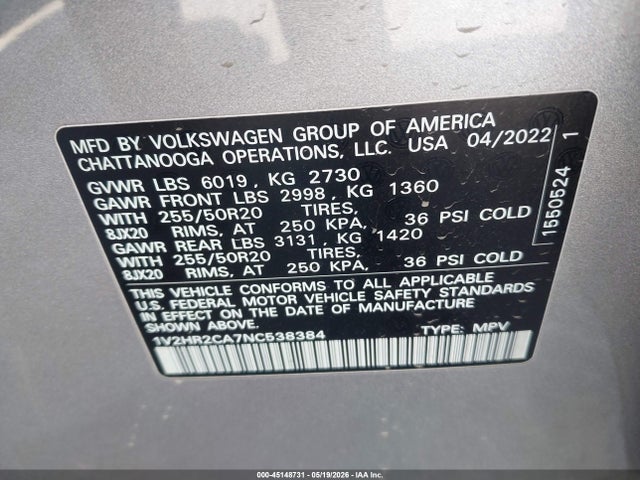 Aukcja sprzedaży 2022 Volkswagen Atlas 3.6l V6 Se W/technology, vin: 1V2HR2CA7NC538384, numer aukcji: 45148731