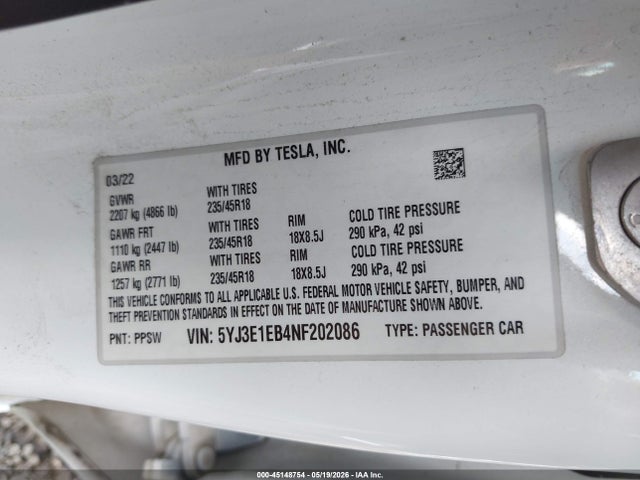 45148754 :رقم المزاد ، 5YJ3E1EB4NF202086 vin ، 2022 Tesla Model 3 Long Range Dual Motor All-wheel Drive مزاد بيع