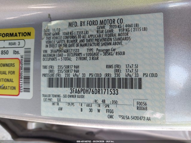 Продажа на аукционе авто 2013 Ford Fusion Se, vin: 3FA6P0H76DR171533, номер лота: 45148762