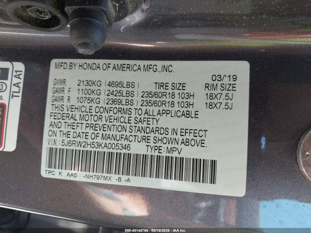 45148766 :رقم المزاد ، 5J6RW2H53KA005346 vin ، 2019 Honda Cr-v Ex مزاد بيع