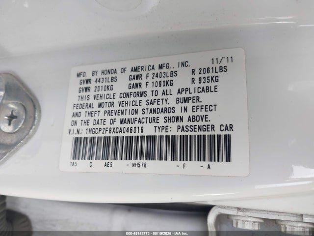 Продажа на аукционе авто 2012 Honda Accord 2.4 Ex-l, vin: 1HGCP2F8XCA046016, номер лота: 45148773