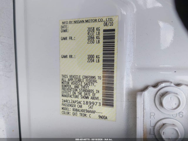 Продажа на аукционе авто 2010 Nissan Altima Hybrid, vin: 1N4CL2AP5AC189973, номер лота: 45148775