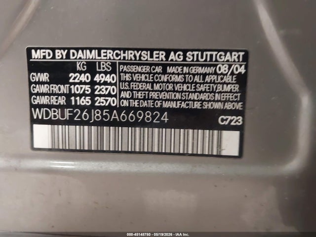 45148780 :رقم المزاد ، WDBUF26J85A669824 vin ، 2005 Mercedes-benz E 320 Cdi مزاد بيع