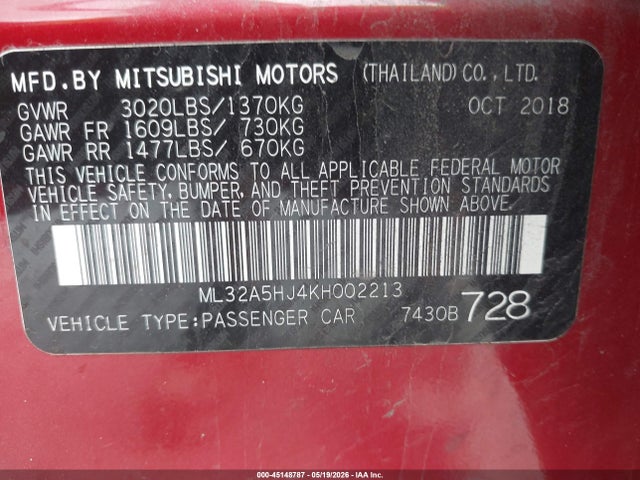 Aukcja sprzedaży 2019 Mitsubishi Mirage Le, vin: ML32A5HJ4KH002213, numer aukcji: 45148787
