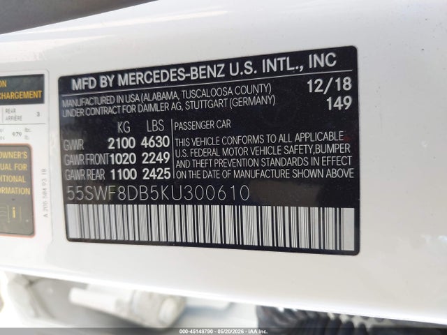 55SWF8DB5KU300610 Mercedes-Benz C 300