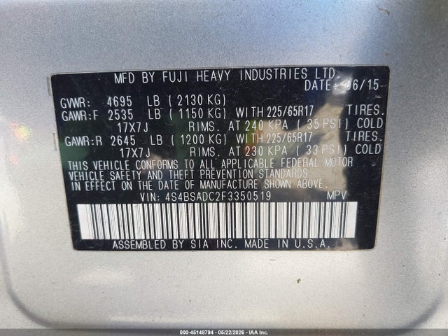 Продажа на аукционе авто 2015 Subaru Outback 2.5i Premium, vin: 4S4BSADC2F3350519, номер лота: 45148794