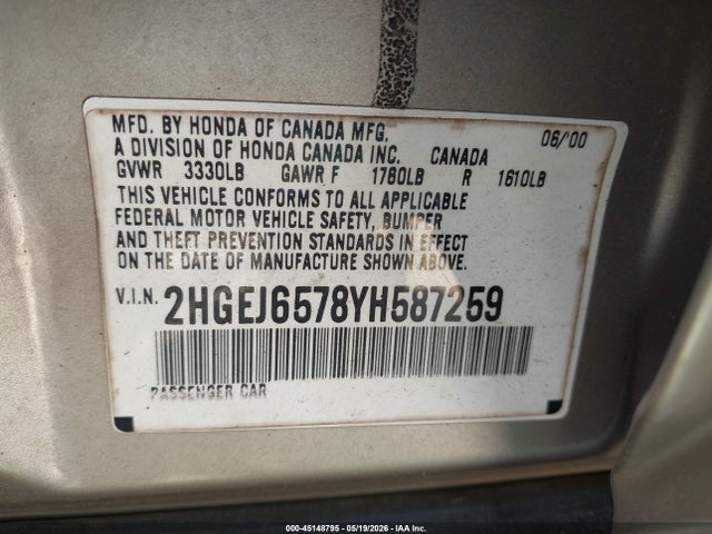Aukcja sprzedaży 2000 Honda Civic Lx, vin: 2HGEJ6578YH587259, numer aukcji: 45148795