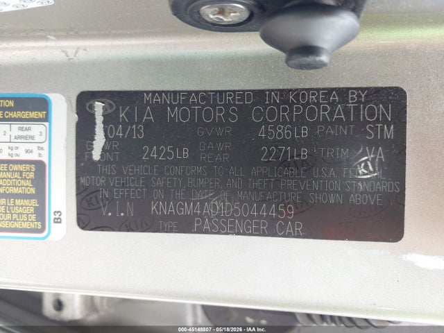 45148807 :رقم المزاد ، KNAGM4AD1D5044459 vin ، 2013 Kia Optima Hybrid Lx مزاد بيع