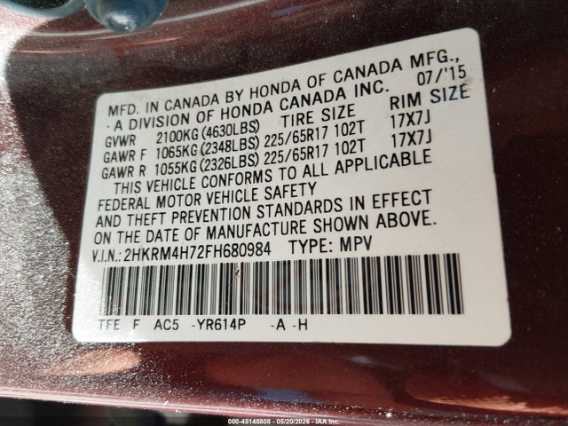 2015 Honda Cr-v Ex-l მანქანა იყიდება აუქციონზე, vin: 2HKRM4H72FH680984, აუქციონის ნომერი: 45148808