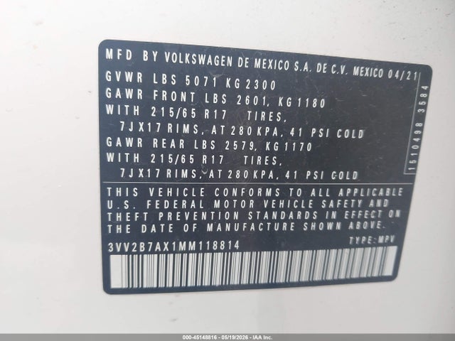 45148816 :رقم المزاد ، 3VV2B7AX1MM118814 vin ، 2021 Volkswagen Tiguan 2.0t Se/2.0t Se R-line Black/2.0t Sel مزاد بيع