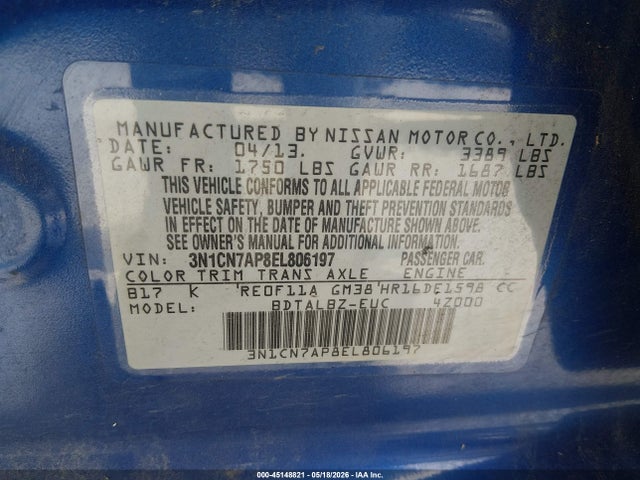 45148821 :رقم المزاد ، 3N1CN7AP8EL806197 vin ، 2014 Nissan Versa 1.6 Sv مزاد بيع