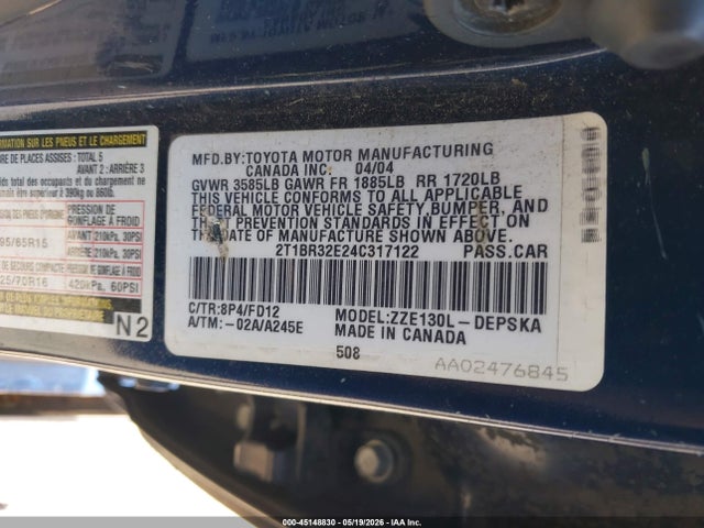 Aukcja sprzedaży 2004 Toyota Corolla S, vin: 2T1BR32E24C317122, numer aukcji: 45148830