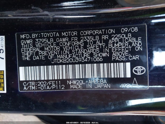 Aukcja sprzedaży 2009 Toyota Prius, vin: JTDKB20U393471086, numer aukcji: 45148831