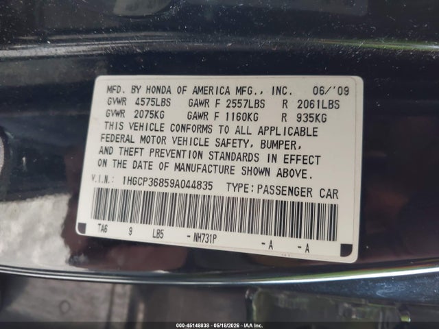 Aukcja sprzedaży 2009 Honda Accord 3.5 Ex-l, vin: 1HGCP36859A044835, numer aukcji: 45148838