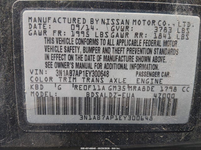 2014 Nissan Sentra Sv მანქანა იყიდება აუქციონზე, vin: 3N1AB7AP1EY300648, აუქციონის ნომერი: 45148840