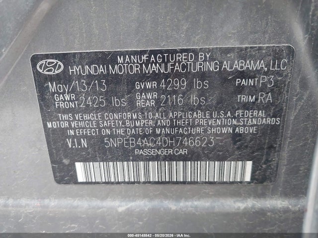 Aukcja sprzedaży 2013 Hyundai Sonata Gls, vin: 5NPEB4AC4DH746623, numer aukcji: 45148842