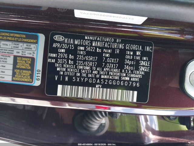 Aukcja sprzedaży 2016 Kia Sorento 3.3l Lx, vin: 5XYPGDA52GG060796, numer aukcji: 45148854