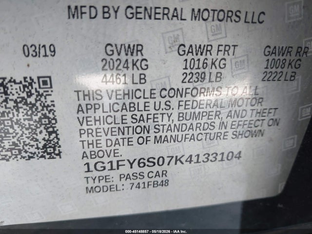 Aukcja sprzedaży 2019 Chevrolet Bolt Ev Lt, vin: 1G1FY6S07K4133104, numer aukcji: 45148857