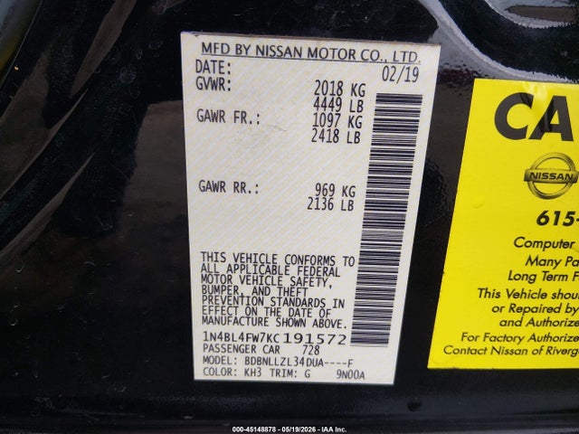 45148878 :رقم المزاد ، 1N4BL4FW7KC191572 vin ، 2019 Nissan Altima 2.5 Platinum مزاد بيع
