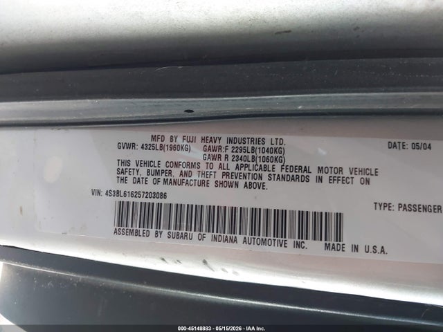 2005 Subaru Legacy 2.5i მანქანა იყიდება აუქციონზე, vin: 4S3BL616257203086, აუქციონის ნომერი: 45148883