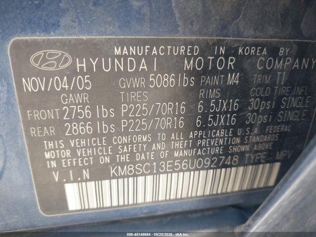 Aukcja sprzedaży 2006 Hyundai Santa Fe Gls/limited, vin: KM8SC13E56U092748, numer aukcji: 45148884
