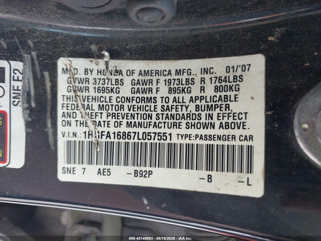 Продаж на аукціоні авто 2007 Honda Civic Ex, vin: 1HGFA16867L057551, номер лоту: 45148893