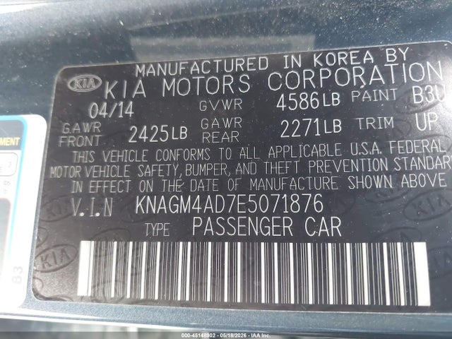 2014 Kia Optima Hybrid Lx მანქანა იყიდება აუქციონზე, vin: KNAGM4AD7E5071876, აუქციონის ნომერი: 45148902