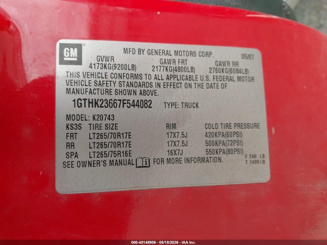 45148906 :رقم المزاد ، 1GTHK23667F544082 vin ، 2007 Gmc Sierra 2500hd Slt مزاد بيع