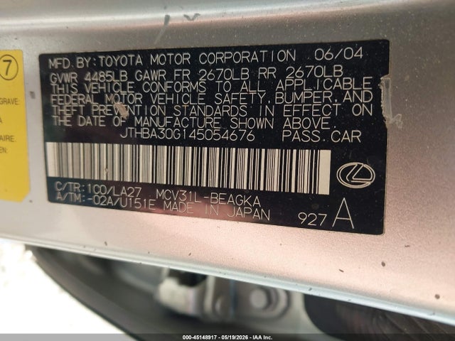 2004 Lexus Es 330 მანქანა იყიდება აუქციონზე, vin: JTHBA30G145054676, აუქციონის ნომერი: 45148917