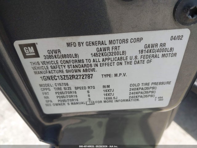 Aukcja sprzedaży 2002 Chevrolet Tahoe Ls, vin: 1GNEC13Z52R272787, numer aukcji: 45148925