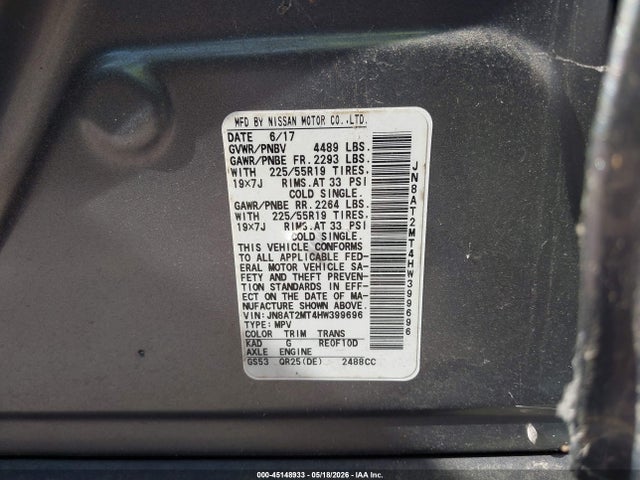 Aukcja sprzedaży 2017 Nissan Rogue Sl, vin: JN8AT2MT4HW399696, numer aukcji: 45148933