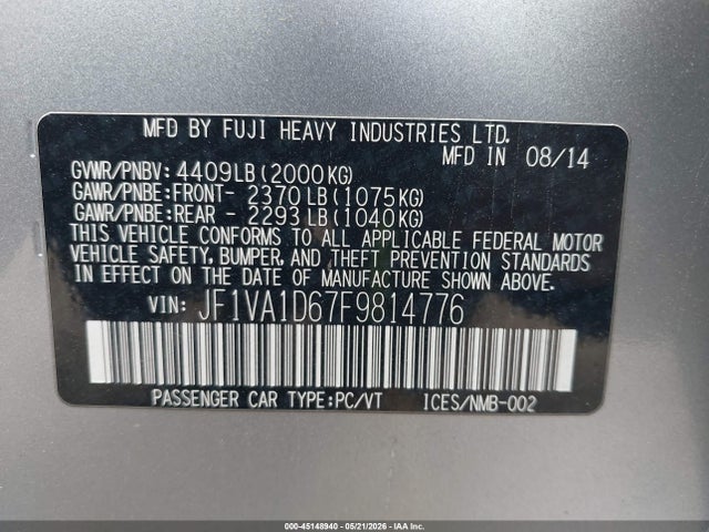 Продажа на аукционе авто 2015 Subaru Wrx Premium, vin: JF1VA1D67F9814776, номер лота: 45148940