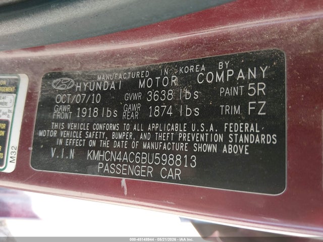 2011 Hyundai Accent Gls მანქანა იყიდება აუქციონზე, vin: KMHCN4AC6BU598813, აუქციონის ნომერი: 45148944